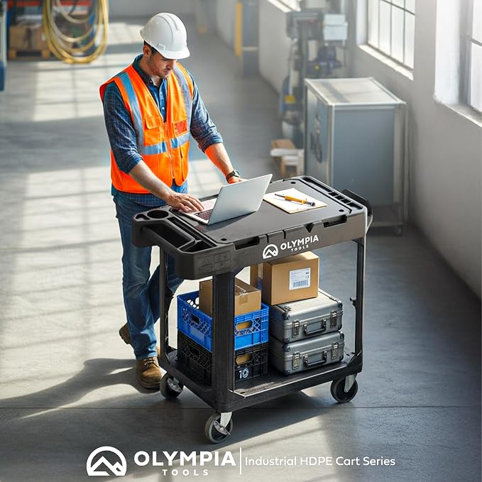 Olympia Tools 2-in-1 Heavy Duty Utility Work Cart, Rolling Tool Cart with Wheels, Convertible 3-Shelf to Flat Top Workstation, 660 Lb Capacity, Black