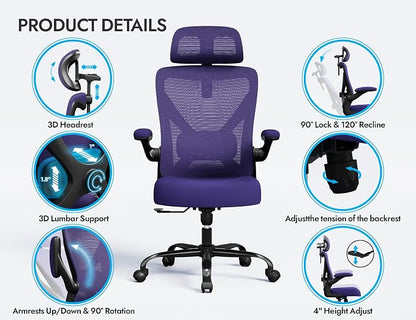 Office Chair - Ergonomic Office Chair with Back Support, Ergonomic Computer Chair - Home Office Desk Chairs, 330lbs Wide Seat Big and Tall Office Chairs with Headrest, Comfy Desk Chairs (Purple)