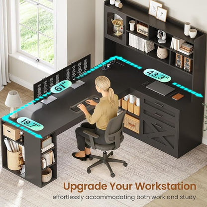 SEDETA Farmhouse L Shaped Gaming Desk, 61” Corner Computer Desk with Storage Drawers and Power Outlet, Corner Gaming Desk with LED Light and Bookshelf Shelves for Home Office, Black