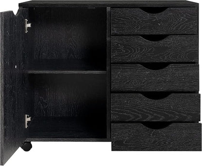 Naomi Home Under Desk Rolling Office File Cabinet with 5 Drawers & Side Storage Cabinet, Mobile Organizer with Shelves & Swivel Casters for Home Office - Distressed Black