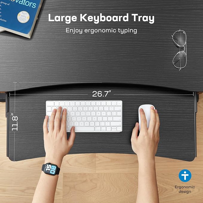 HUANUO 55" x 26" Electric Standing Desk with 2 Drawers & 26.7" Large Keyboard Tray, C-Clamp Mount Compatible, Adjustable Computer Desk for Home Office, Stand Up Desk with 4 Height Presets, Black