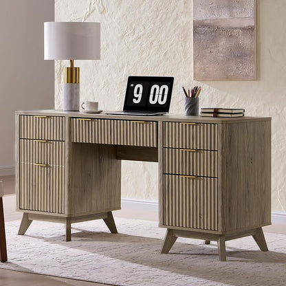 T4TREAM Fluted Executive Desk with Drawers, 60" Modern Home Office Computer Desk with Charging Station, File Cabinet, Keyboard Tray and Storage Cabinet for Study, Living Room, Bedroom, Alder Grey