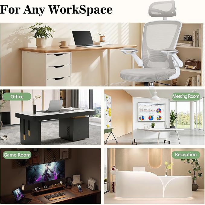 BESTFAIR Office Chair Ergonomic Desk Chair, Breathable Mesh Office Chairs with Adjustable Lumbar Support, Flip-Up Arms, Computer Desk Chair Comfy for Home Office, Light Gray