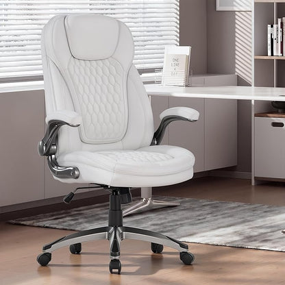 COLAMY Office Chair Ergonomic Desk Chair-Executive Office Chair with Upgraded Caters, High Back Computer Chair Flip-up Arms, Strong Metal Base, Swivel Leather Chair for Work/Study, 300lbs, White