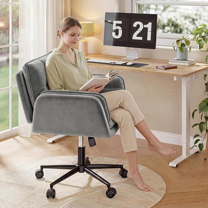 Criss Cross Chair with Wheels, Ergonomic Office Chair with Adjustable Armrests, Vanity Chair with Back for Bedroom, Makeup Room and Office Room, Grey
