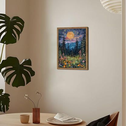 Framed Nature Forest Canvas Wall Art, Full Moon above Wildflowers and Woodland Painting, Midnight Floral Trees Art Print, Farmhouse Nature Wall Decor for Bedroom Living Room 8x10 inch