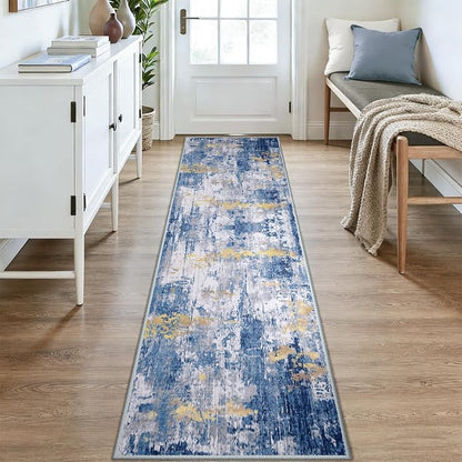 RELEANY Washable Area Rugs 2x9 Non-Slip Modern Abstract Soft for Living Room Entryway Bedroom Kitchen, Print Pattern, Grey Blue Gold/Golden
