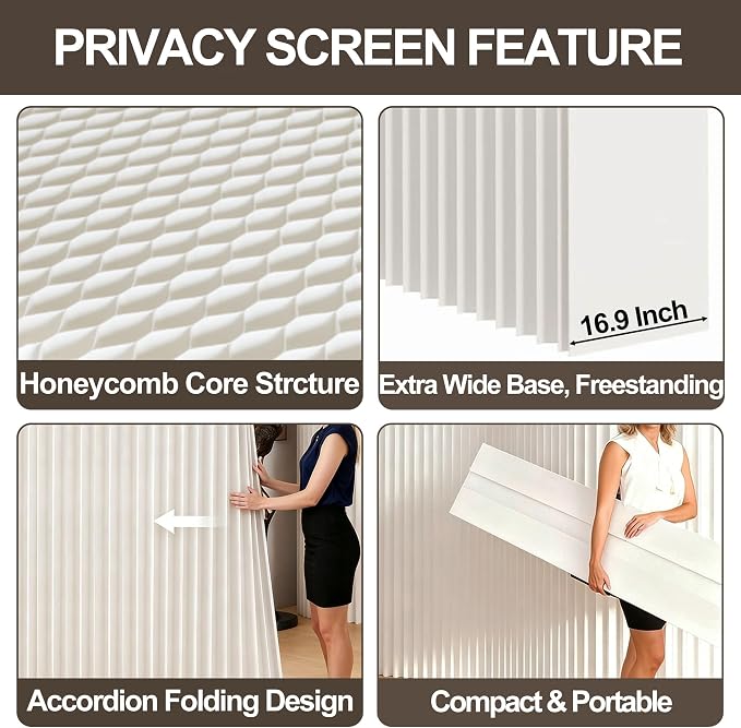 Freestanding Room Divider – Double‑Sided Honeycomb & Pleated, Accordion Kraft Paper Privacy Screen with 16.9" Wide Anti‑Slip Base, Portable Partition Wall for Living Room, Studio, Exhibition