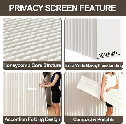 Freestanding Room Divider – Double‑Sided Honeycomb & Pleated, Accordion Kraft Paper Privacy Screen with 16.9" Wide Anti‑Slip Base, Portable Partition Wall for Living Room, Studio, Exhibition