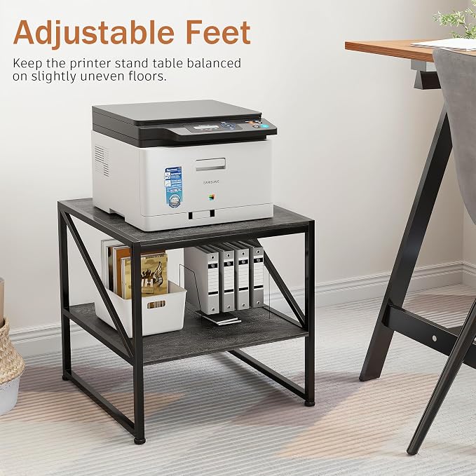 2-Tier Large Priner Stand with Storage Shelf, 20"×20" Under Desk Printer Table for Home Office, Mini Fridge Stand, End Table for Living Room, Heavy Duty Storage Rack for Scanner Fax Machine, Grey Oak