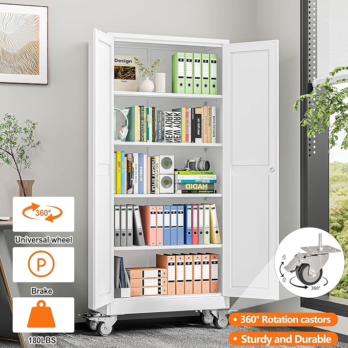 pozdeg 71" Metal Garage Storage Cabinets with Wheels, Lockable Rolling File Cabinets with 2 Doors and 4 Adjustable Shelves, Steel Tool Organizer Locker for Office Home Garage Gym School, White