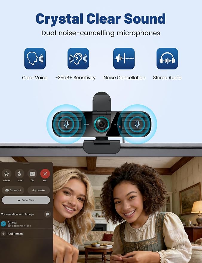 Pro QHD 2K/60fps Webcam with Tripod, External USB Camera for PC/Laptop | Dual noise-cancelling mics | Auto-focus | Wide-angle | Low-light correction | 360° rotation | CMOS sensor | Plug and Play