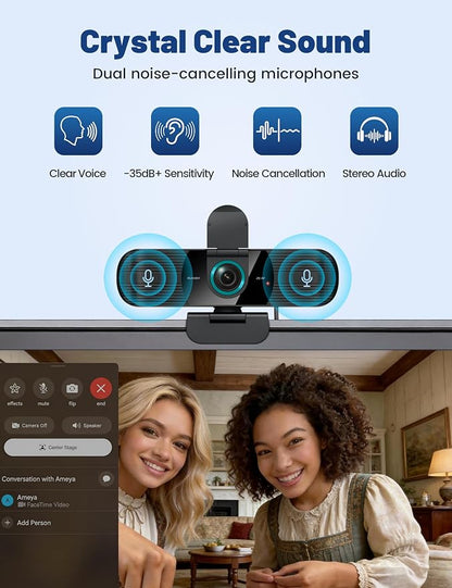 Pro QHD 2K/60fps Webcam with Tripod, External USB-C Camera for PC/Laptop | Dual noise-cancelling mics | Auto-focus | Wide-angle | Low-light correction | 360° rotation | CMOS sensor | Plug and Play