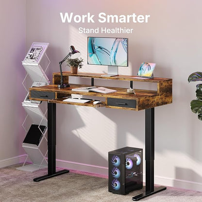 HUANUO 55″ x 26″ Electric Standing Desk with 2 Drawers &24.4″ Large Keyboard Tray, C-Clamp Mount Compatible, Adjustable Computer Desk for Office, Sit Stand Up Desk with 4 Height Presets, Vintage Brown