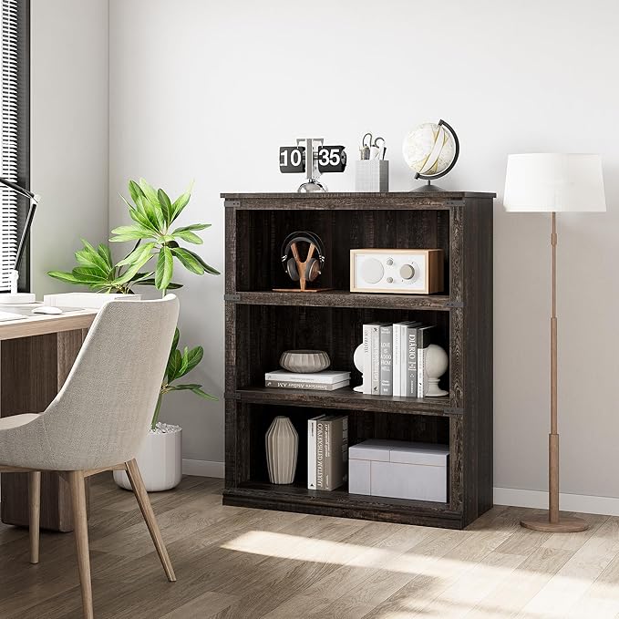 GarveeHome 3 Tier Farmhouse Bookcase, 39.9" Tall Book Shelf with Storage, Wooden Bookshelves 3 Shelf Display Shelvesfor Home Office, Living Room, Bed Room (Oak, 39.9" H x 31.5" W x 12.8" D)