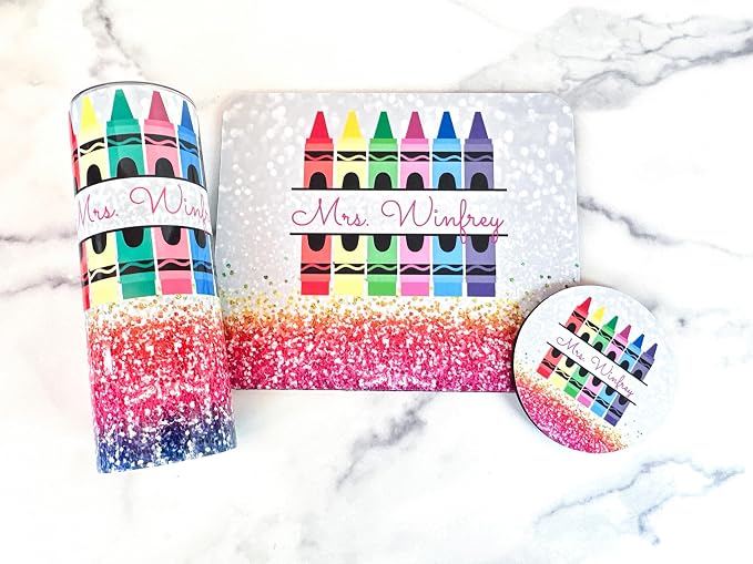 Personalized Teacher Mousepad and Coaster Desk Set Gift for Teachers Appreciation Back to School Classroom Decor Custom Handmade by The Painted Pug (Rainbow Crayon)