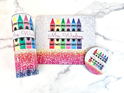 Personalized Teacher Mousepad and Coaster Desk Set Gift for Teachers Appreciation Back to School Classroom Decor Custom Handmade by The Painted Pug (Rainbow Crayon)