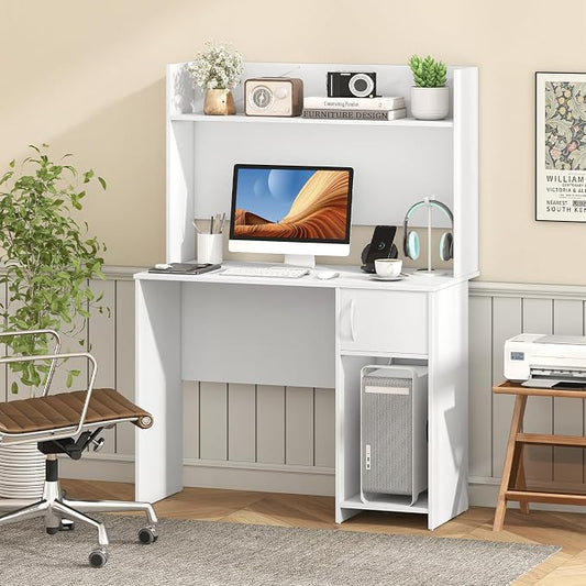 Giantex White Desk with Hutch, Small Computer Desk with Bookshelf & Adjustable Shelf, 2 Cable Holes, Modern Laptop PC Computer Workstation, Study Writing Desk for Small Spaces, Bedroom, Home Office