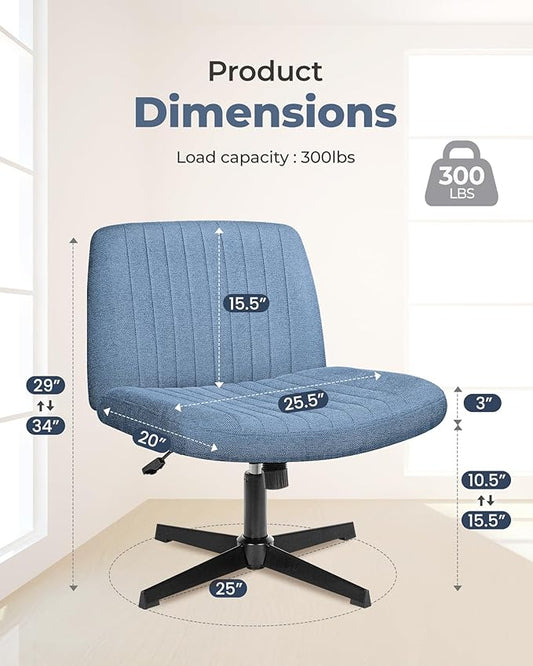 NEO Chair Criss Cross Chair No Wheels, Armless Cross Legged Office Desk Chair, Vanity Makeup Fabric Computer Comfy Adjustable Swivel Ergonomic Living Bedroom for Home Office (Fabric Blue)