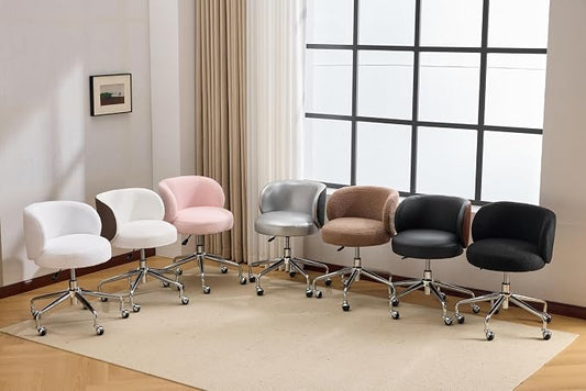 VINGLI Cute Small Swivel Desk Chair Comfy with Wheels,Ergonomic Low-Back Lumbar Support Vanity Nail Tech Rolling Task Stool Girls Women Kids Chair for Home Office,Height Adjustable,Teddy Fleece,White