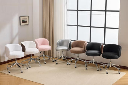 VINGLI Cute Small Swivel Desk Chair Comfy with Wheels,Ergonomic Low-Back Lumbar Support Vanity Nail Tech Rolling Task Stool Girls Women Kids Chair for Home Office,Height Adjustable,Teddy Fleece,Pink
