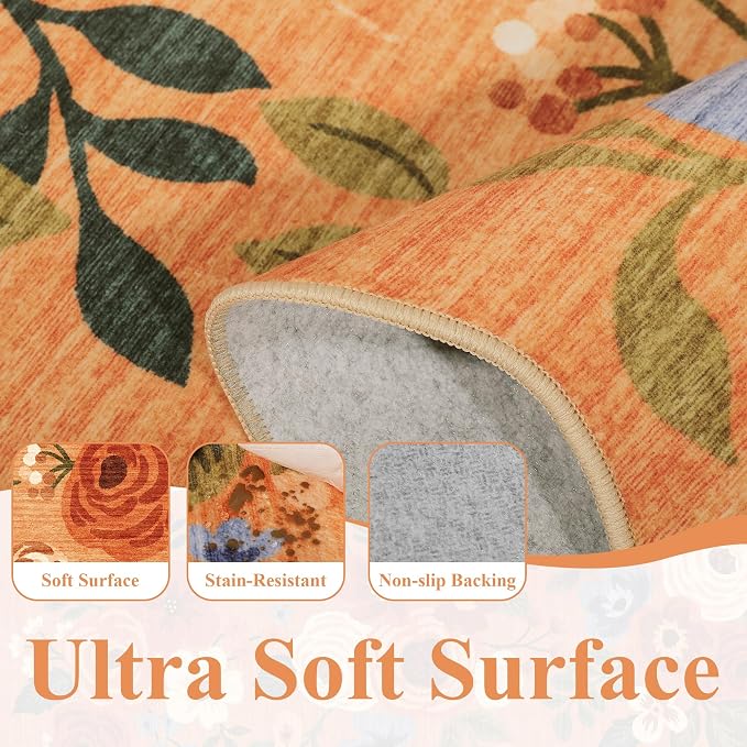 DUKINO 3x5 Area Rug, Floral Non-Slip Indoor Washable Rug with Low Pile & Non-Shedding, Lightwight Boho Design Carpet for Entryway, Bedroom, Kids Room, Living Room, Kitchen, Orange