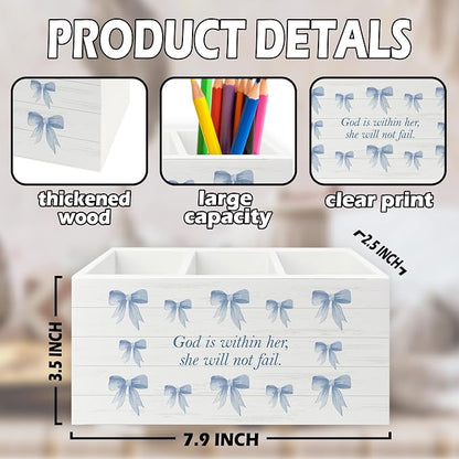 Blue Coquette Bow Christian Pen Pencil Holder Organizer for Desk, Preppy Desk Decor, Christian Gifts for Women, Bible Verse Wooden Box Sign for Girly Room Bedroom Dorm Tabletop Decorations