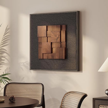 Framed 3D Textured Wood Wall Art, Modern Minimalist Black Painting Artwork for Walls, Vintage Geometric Natural Wooden Wall Art Decor for Living Room, Hallway, Dining Room, Bedroom, Office, 24x24