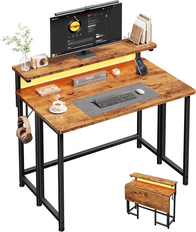 Folding Table with RGB Light for Small Space, 31.5" Folding Computer Desk for Space Saving Sofa Table for Couch, Home Work Office Desk with Monitor Stand, Easy to Fold with Hooks,Rustic Brown