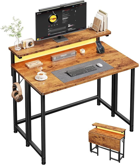 Folding Table with RGB Light for Small Space, 31.5" Folding Computer Desk for Space Saving Sofa Table for Couch, Home Work Office Desk with Monitor Stand, Easy to Fold with Hooks,Rustic Brown