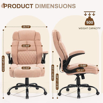Massage Office Chair,500LBS Ergonomic Rocking Executive Desk Chairs with 4 Points Vibration&Heat,Padded Flipup Armrests for Big and Tall Office Chair,Swivel Computer Chair Fabric Pink