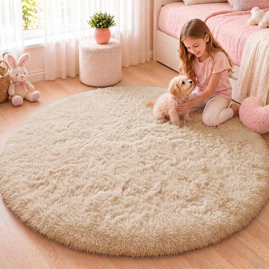 OLANLY Beige Round Rugs for Bedroom - Machine Washable, 5 ft Circle Area Rugs for Living Room, Soft and Fluffy Shaggy Carpet for Teen Girls and Boys, Nursery Rooms, Dorms, Home Decor Aesthetic
