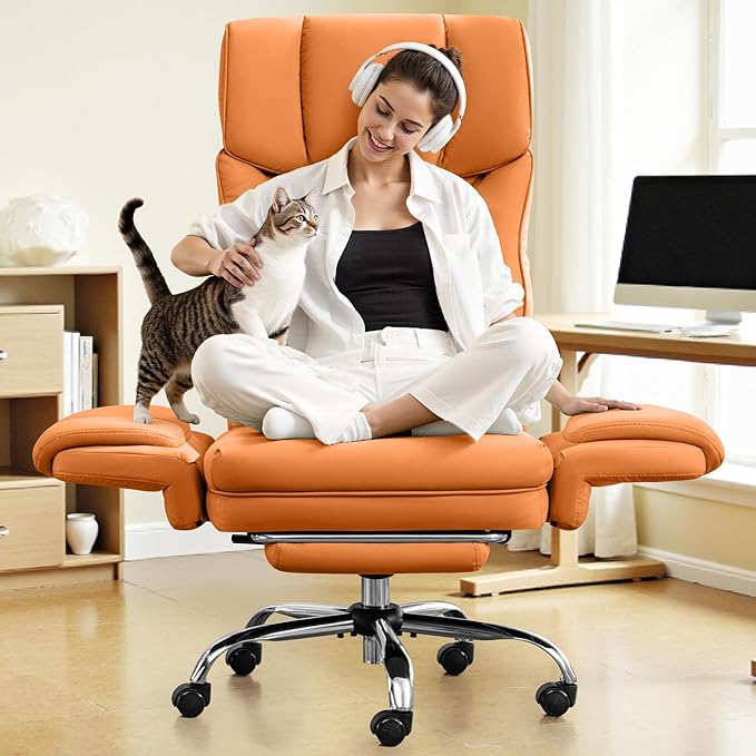 Big and Tall Office Chair, 400LBS Wide Leather Gaming Chair with Footrest, High Back Executive Chair, Reversible Armrest for Pets, 135° Reclining Cross Legged Desk Chair with Lumbar Support(Brown)