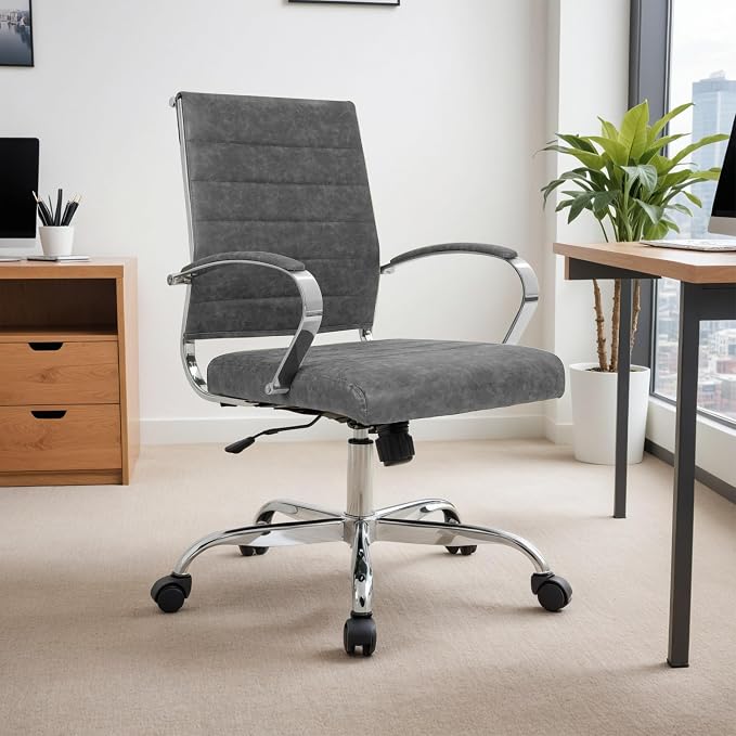 LeisureMod Benmar Leather Office Desk Chair, Mid-Back Ergonomic Swivel Chair with Lumbar Support, Adjustable Height, Tilt Lock, Cushioned Seat & Back, Home Office Task Chair (Charcoal, Set of 6)