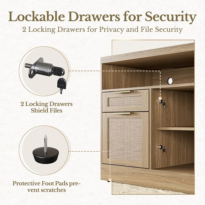 2 Drawer Rattan File Cabinet, 32'' Lateral File Cabinet with Lock and AC/USB for Letter/A4 Size, Wood Filing Cabinet with Storage Shelves for Home Office, Natural Oak