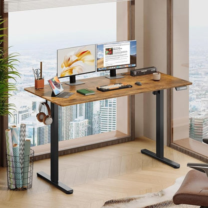 DEVAISE 55 Inch Electric Standing Desk, Adjustable Computer Desk for Home Office, Ergonomic Sit to Stand Desk with LED Touchscreen，Headphone Hook, 3 Memory Preset, with Split Top, Rustic Brown