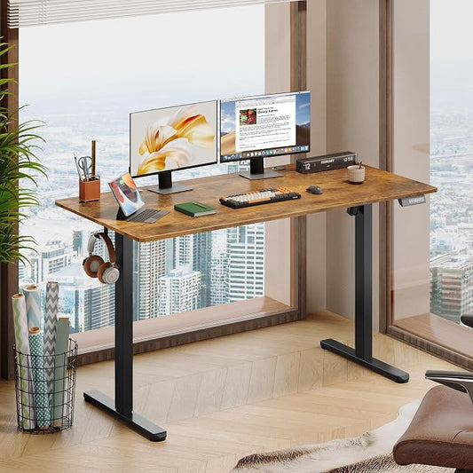 DEVAISE 55 Inch Electric Standing Desk, Adjustable Computer Desk for Home Office, Ergonomic Sit to Stand Desk with LED Touchscreen，Headphone Hook, 3 Memory Preset, with Split Top, Rustic Brown