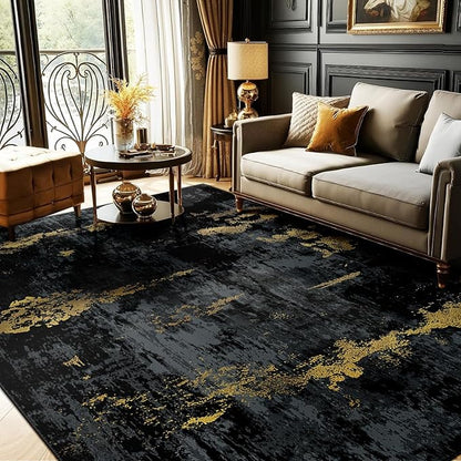 RELEANY Washable Area Rugs 6'x9' Non-Slip Modern Abstract Soft for Living Room Entryway Bedroom Kitchen, Print Pattern, Dark Black Gold