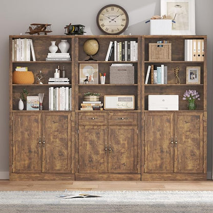 Thacuok 72'' Tall Bookcase with Doors, Adjustable Shelves, P2 MDF Construction, 32'' Wide Freestanding Cabinet with Metal Handles, Hidden Storage for Living Room, Bedroom