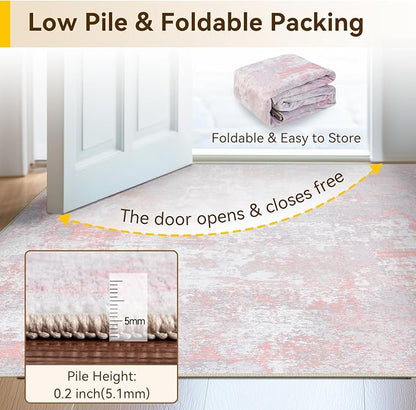 RELEANY Washable Area Rugs 4'x6' Non-Slip Modern Abstract Soft for Living Room Entryway Bedroom Kitchen, Print Pattern, Grey Pink