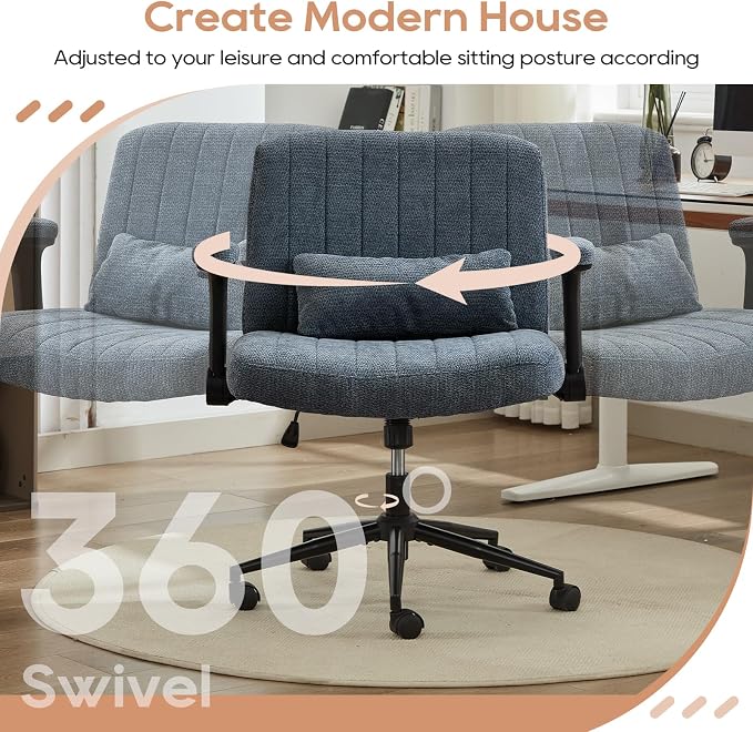 IPKIG Criss Cross Chair with Adjustable Flip-up Arms, Vanity Chair with Wheels, Comfy Desk Chair with Lumbar Pillow Swivel Wide Office Chair for Home Office, Bedroom, Chenille, Blue