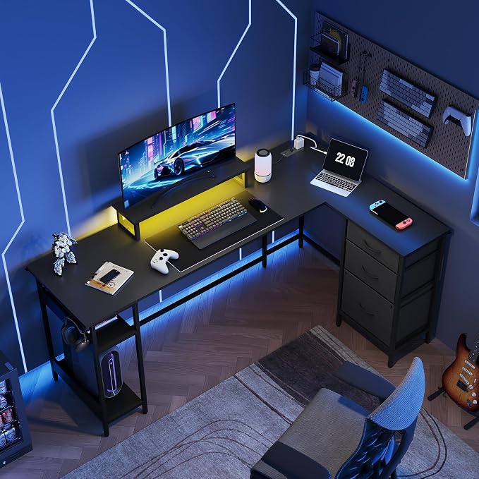 DEVAISE 66 Inch L Shaped Gaming Desk with Drawers and Storage, Corner Desk with LED Lights, Power Outlets, Computer Desk with Monitor Stand, Office Desk for Home, Black