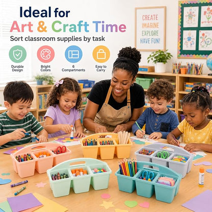 6 Pack Assorted Colors 6 Compartment Classroom Caddy with Handle Portable Plastic Storage Classroom Caddies Organizer for Classrooms Supply Teacher Office Table Desk(Boho)