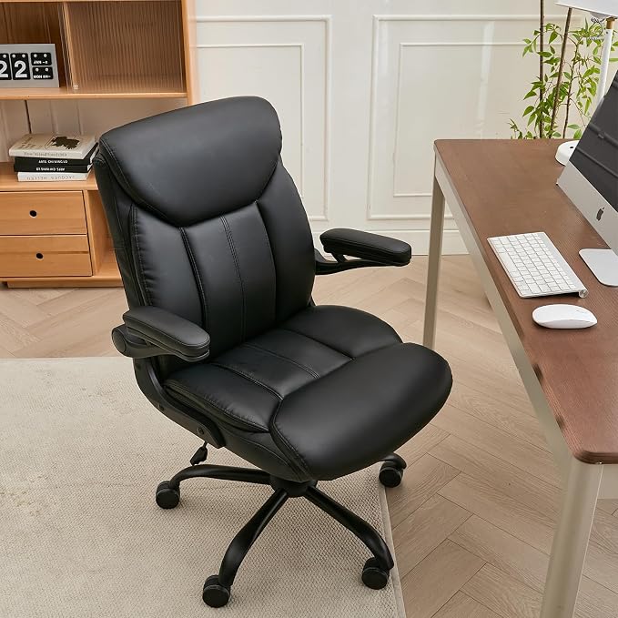 Leather Executive Office Chair - Ergonomic Computer Chair with Flip-up Arms Comfy PU Leather Home Desk Chairs Mid Back Support Adjustable Height Tilt Lock Swivel Rolling Wheels, Black