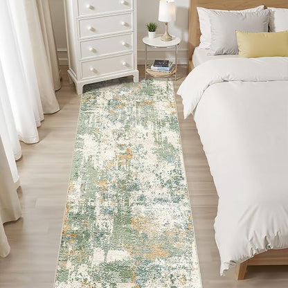 Runner Rug Kitchen Washable Rugs: 3x8 Non-Slip Abstract Soft Modern Stain Resistant Indoor Floor Neutral Accent Throw Carpet for Hallway Bathroom Laundry Room Entryway Bedroom- Green