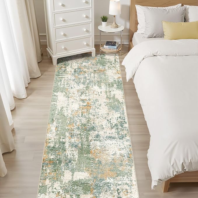 Runner Rug Kitchen Washable Rugs: 2x6 Non-Slip Abstract Soft Modern Stain Resistant Indoor Floor Neutral Accent Throw Carpet for Hallway Bathroom Laundry Room Entryway Bedroom- Green