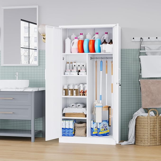 72" H Metal Garage Storage Cabinets, Lockable Broom Closet Cabinet with Hanging Rod & Doors, 5-Tier Steel Utility Cabinets for Garage, Laundry Room, Warehouse Storage, White