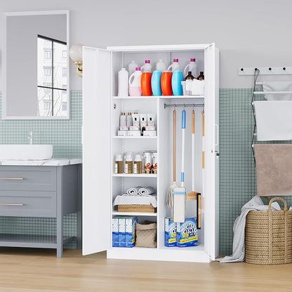 72" H Metal Garage Storage Cabinets, Lockable Broom Closet Cabinet with Hanging Rod & Doors, 5-Tier Steel Utility Cabinets for Garage, Laundry Room, Warehouse Storage, White