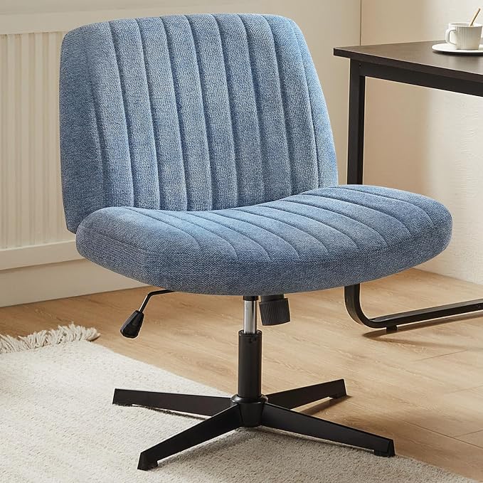 DUMOS Criss Cross Chair No Wheels Legged Office Wide Comfy Desk Vanity Chair, Armless Computer Task Seating, Swivel Home Height Adjustable for Bedroom, Study, Fabric, Blue No Wheel