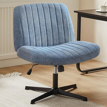 DUMOS Criss Cross Chair No Wheels Legged Office Wide Comfy Desk Vanity Chair, Armless Computer Task Seating, Swivel Home Height Adjustable for Bedroom, Study, Blue Fabric